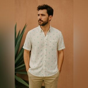 Onia Shirt Mens Large White Floral Print Resort Casual Linen Button Resort Beach